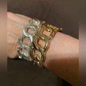 Set of 2 Elasticized Cuff Bracelets. One Silver, One Gold. Both are same design